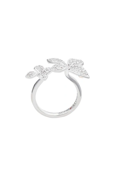 Suzy Levian Sterling Silver Cubic Zirconia Between The Finger Double Flower Ring In White