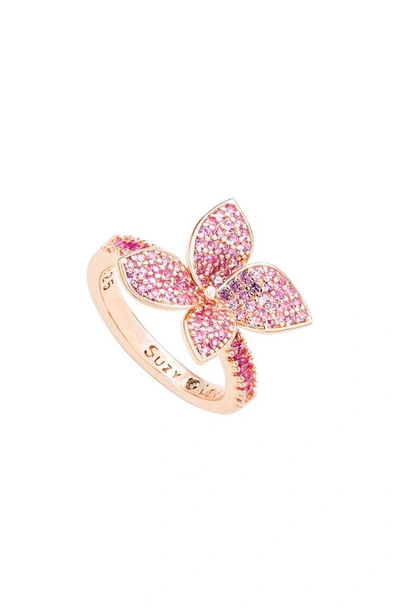 Suzy Levian Pink Sapphire Flower With Diamond Accent Ring In Pink