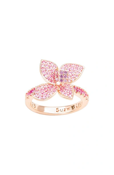 Suzy Levian Pink Sapphire Flower With Diamond Accent Ring In Pink