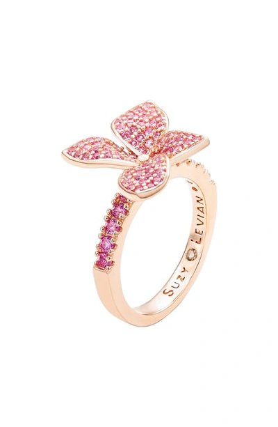 Suzy Levian Pink Sapphire Flower With Diamond Accent Ring In Pink