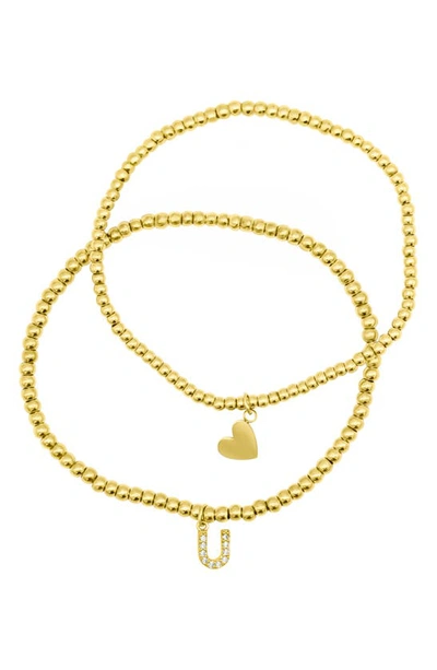 Shop Adornia Initial & Heart 2-pack Stretch Bracelets In Gold-u