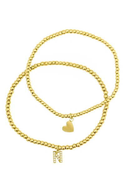 Shop Adornia Initial & Heart 2-pack Stretch Bracelets In Gold-n