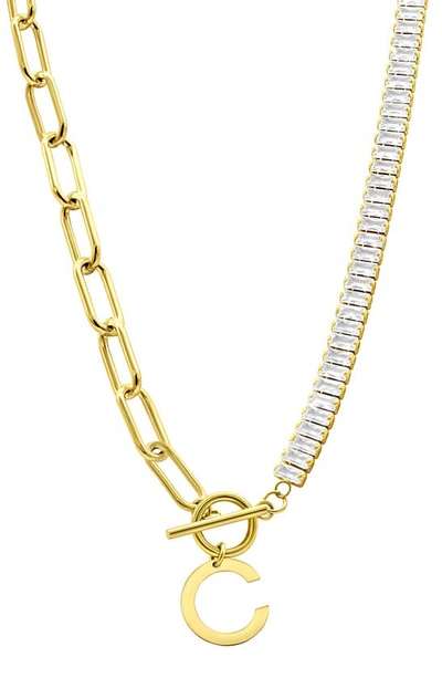 Adornia Initial Pendant Half Crystal Half Paper Clip Chain Necklace In Gold-c
