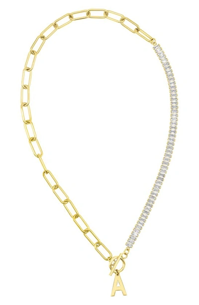 Adornia Initial Pendant Half Crystal Half Paper Clip Chain Necklace In Gold-a