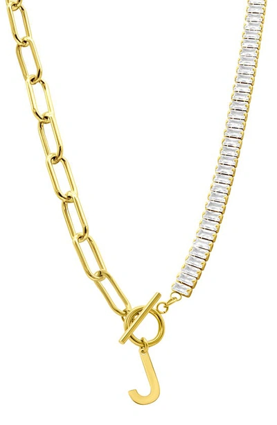 Adornia Initial Pendant Half Crystal Half Paper Clip Chain Necklace In Gold-j