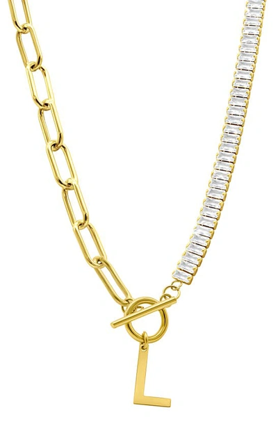 Adornia Initial Pendant Half Crystal Half Paper Clip Chain Necklace In Gold-l