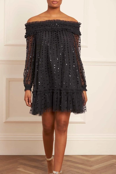 Shop Needle & Thread Raindrop Smocked Off-shoulder Micro Mini Dress In Black