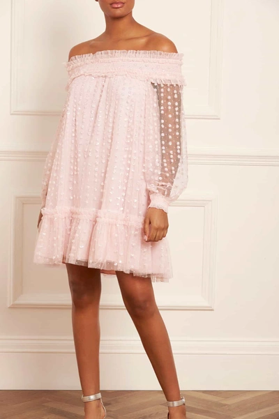 Shop Needle & Thread Raindrop Smocked Gloss Off-shoulder Micro Mini Dress In Pink