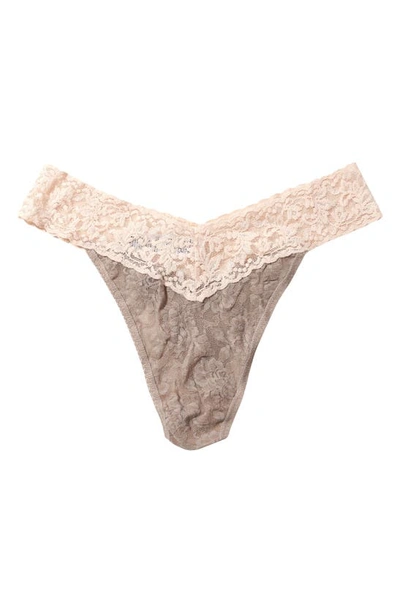 Shop Hanky Panky Colorplay Original Lace Thong In Taupe/pale Chai