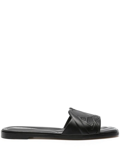 Shop Alexander Mcqueen Seal Leather Flat Sandals In Black