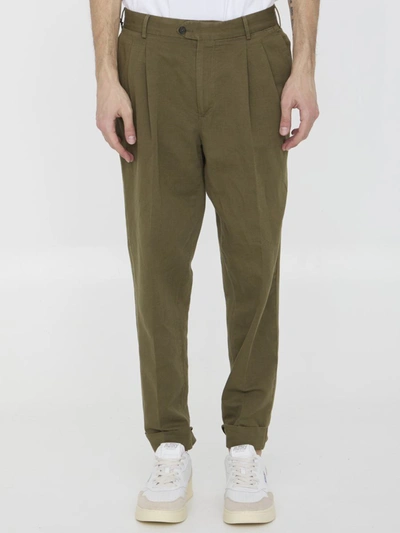 Shop Pt Torino Cotton And Linen Trousers In Green