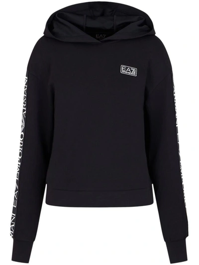 Shop Ea7 Emporio Armani Logo Cotton Blend Hoodie In Black