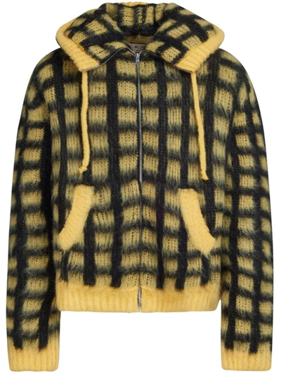 Shop Marni Checked Mohair Hooded Cardigan In Yellow