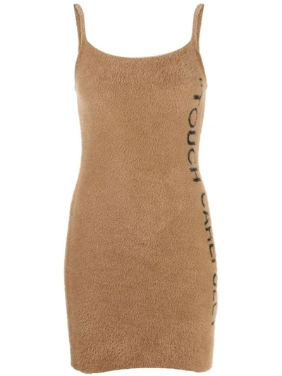 Shop Off-white Slogan Detail Fuzzy Mini Dress In Camel