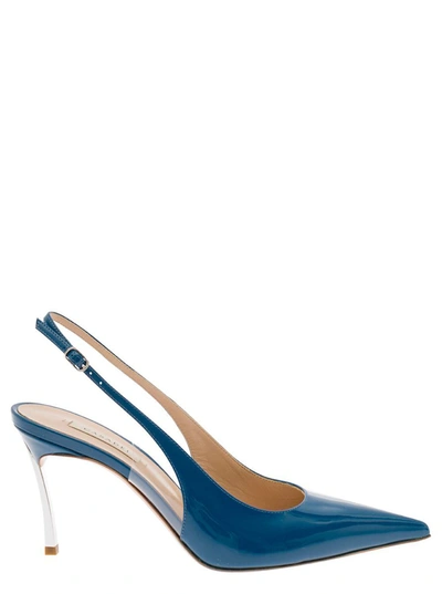 Shop Casadei Light Blue Slingback Pumps With Blade Heel In Patent Leather Woman