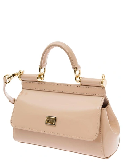 Shop Dolce & Gabbana 'mini Sicily' Beige Handbag With Logo Plaque In Patent Leather Woman