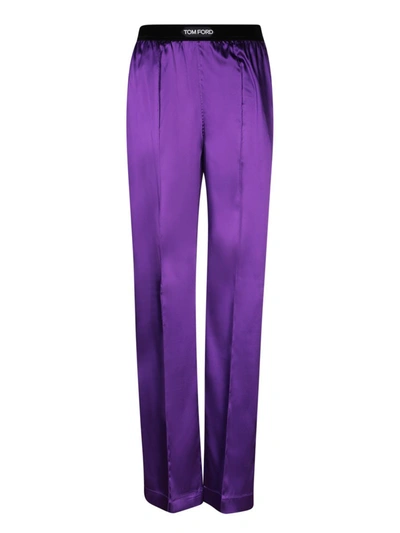 Tom Ford Velvet-trimmed Stretch-silk Satin Pants In Purple