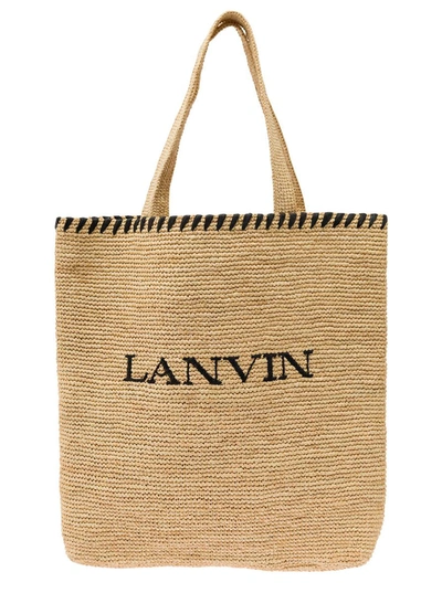 Shop Lanvin Beige Tote Bag With Embroidered Logo In Rafia Woman
