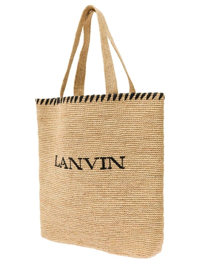 Shop Lanvin Beige Tote Bag With Embroidered Logo In Rafia Woman