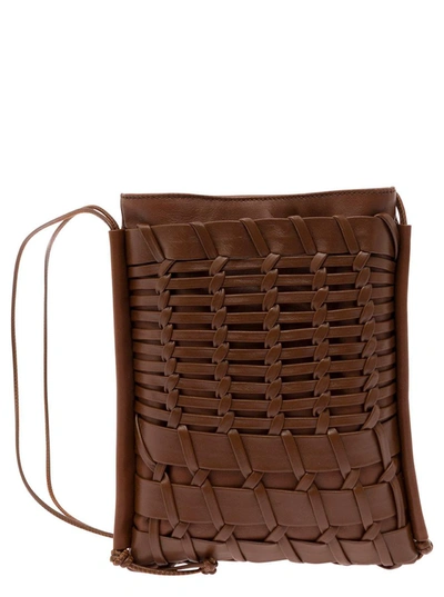 Shop Hereu 'trena' Brown Flat Square Crossbody Bag In Handwoven Leather Woman