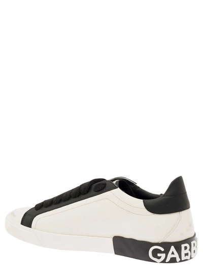 Shop Dolce & Gabbana 'vintage Portafino' Black Low Top Sneakers With Dg Patch In Leather Man In White