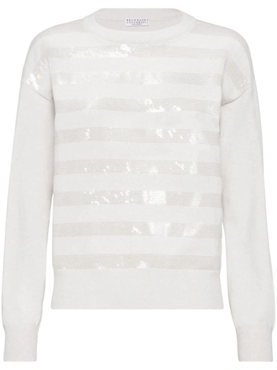 Shop Brunello Cucinelli Dazzling Striped Embroidered Cashmere Sweater In White