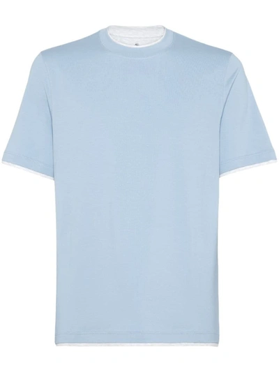 Shop Brunello Cucinelli Faux Layering Cotton T-shirt In Clear Blue