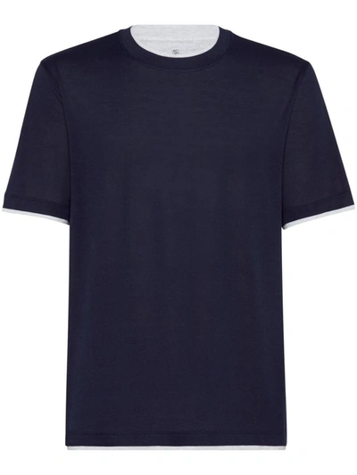 Shop Brunello Cucinelli Faux Layering Silk And Cotton T-shirt In Blue