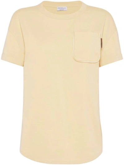 Shop Brunello Cucinelli Shiny Tab Cotton T-shirt In Yellow