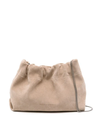 Shop Brunello Cucinelli Suede Leather Shoulder Bag In Brown