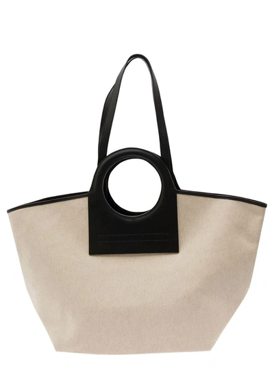 Shop Hereu 'cala' White And Black Handbag With Leather Handles In Canvas Woman In Beige