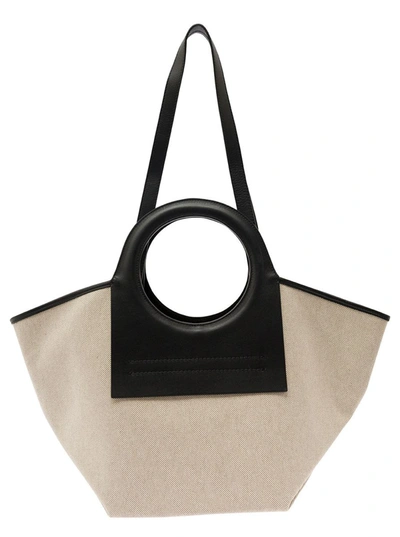 Shop Hereu 'cala S' White And Black Handbag With Leather Handles In Canvas Woman In Beige