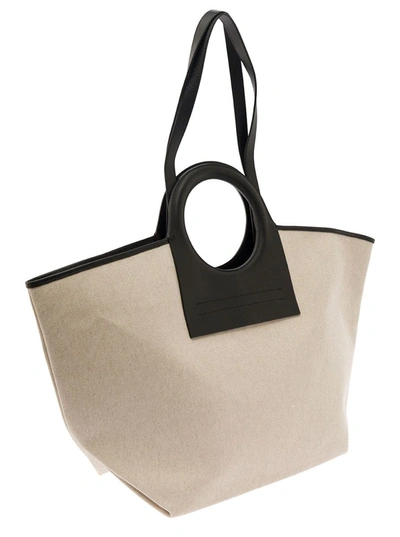 Shop Hereu 'cala' White And Black Handbag With Leather Handles In Canvas Woman In Beige