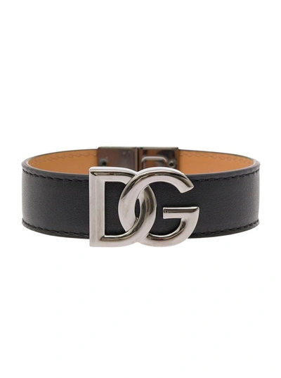 Shop Dolce & Gabbana Cinturino In Pelle Con Logo Dg Metallico In Black