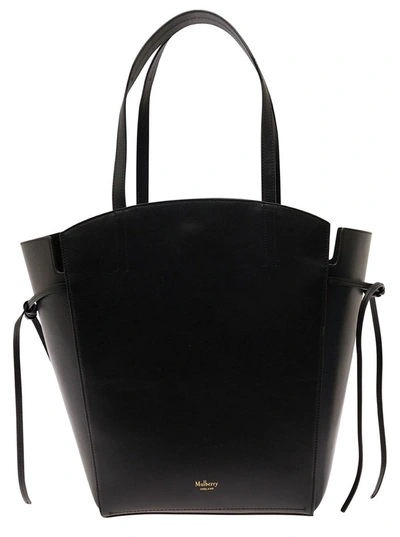 Shop Mulberry 'clovelly' Black Shoulder Bag With Laminated Logo In Smooth Leather Woman