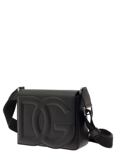 Shop Dolce & Gabbana 'medium Dg Logo' Black Crossbody Bag With Quilted Logo In Leather And Cotton Man