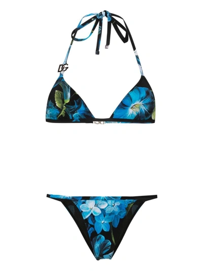 Shop Dolce & Gabbana Flower Print Triangle Bikini Set In Black