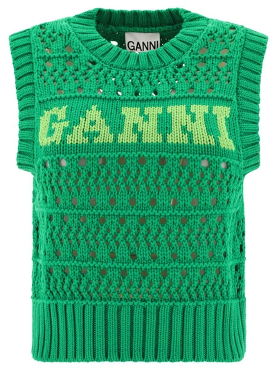 Shop Ganni Openwork Vest With Logo In Green