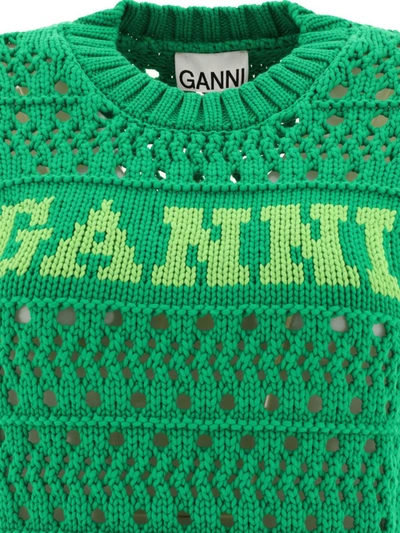 Shop Ganni Openwork Vest With Logo In Green