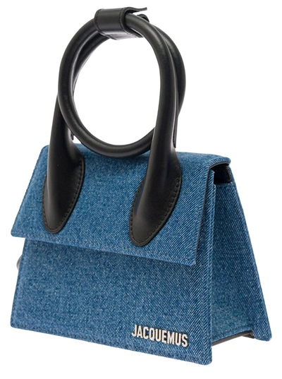 Shop Jacquemus 'le Chiquito Noeud' Blue And Black Crossbody Bag With Logo Detail In Leather And Denim Woman