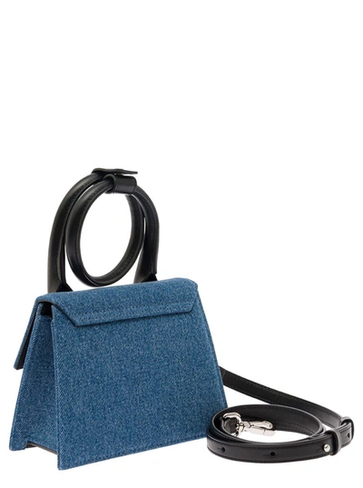 Shop Jacquemus 'le Chiquito Noeud' Blue And Black Crossbody Bag With Logo Detail In Leather And Denim Woman