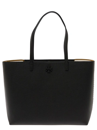Shop Tory Burch 'mcgraw' Black Tote Bag Wit Double T Detail In Grainy Leather Woman