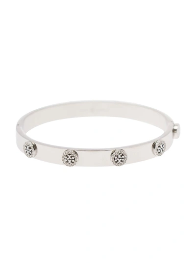 Shop Tory Burch Silver Tone Bracelet With Logo Studs In Stainless Steel And Cubic Zirconia Woman In Grey