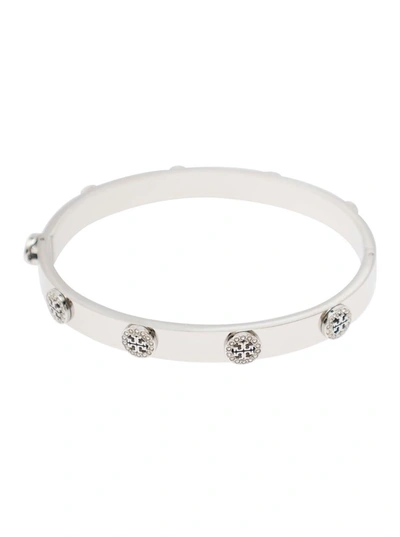 Shop Tory Burch Silver Tone Bracelet With Logo Studs In Stainless Steel And Cubic Zirconia Woman In Grey