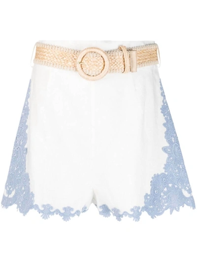 Shop Zimmermann Women Raie Embroidered Trim Shorts In Ivory/blue In White