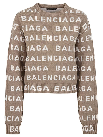 Shop Balenciaga Allover Logo Wool Cropped Sweater In Beige
