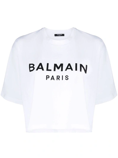Shop Balmain Logo Organic Cotton Cropped T-shirt In White