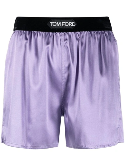 Shop Tom Ford Signature Logo Satin Shorts In Lilac