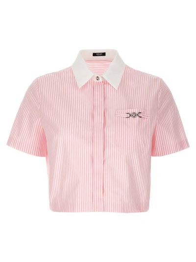 Shop Versace Striped Cropped Shirt In Pink