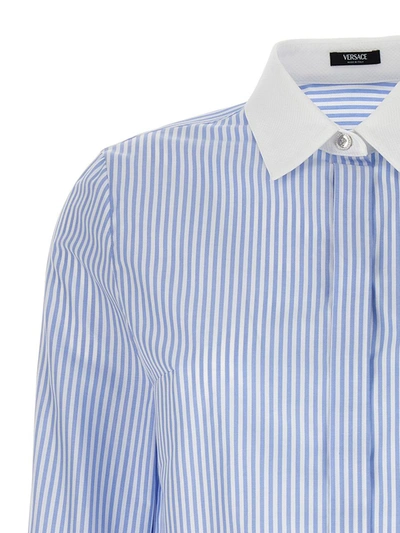 Shop Versace Striped Cropped Shirt In Blue
